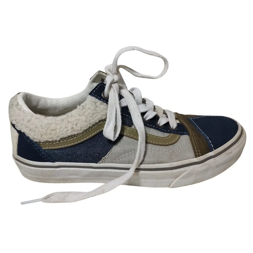Vans‎ Old Skool Sneakers Patchwork Camo Fuzzy Olive Denim Shoes Womens Size 7.5